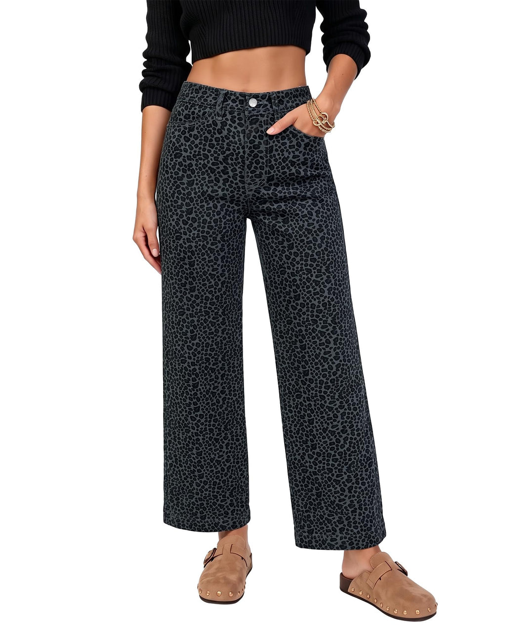 LookbookStore Wide Leg Jeans for Women Trendy High Waisted Stretchy Cheetah Leopard Pants Ankle Length Trouser Jeans