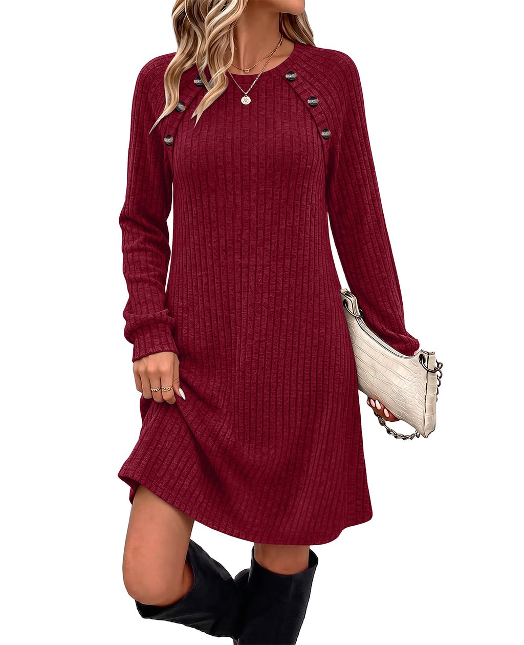 OFEEFAN Fall Dresses for Women 2026 Long Sleeve Dress with Pockets