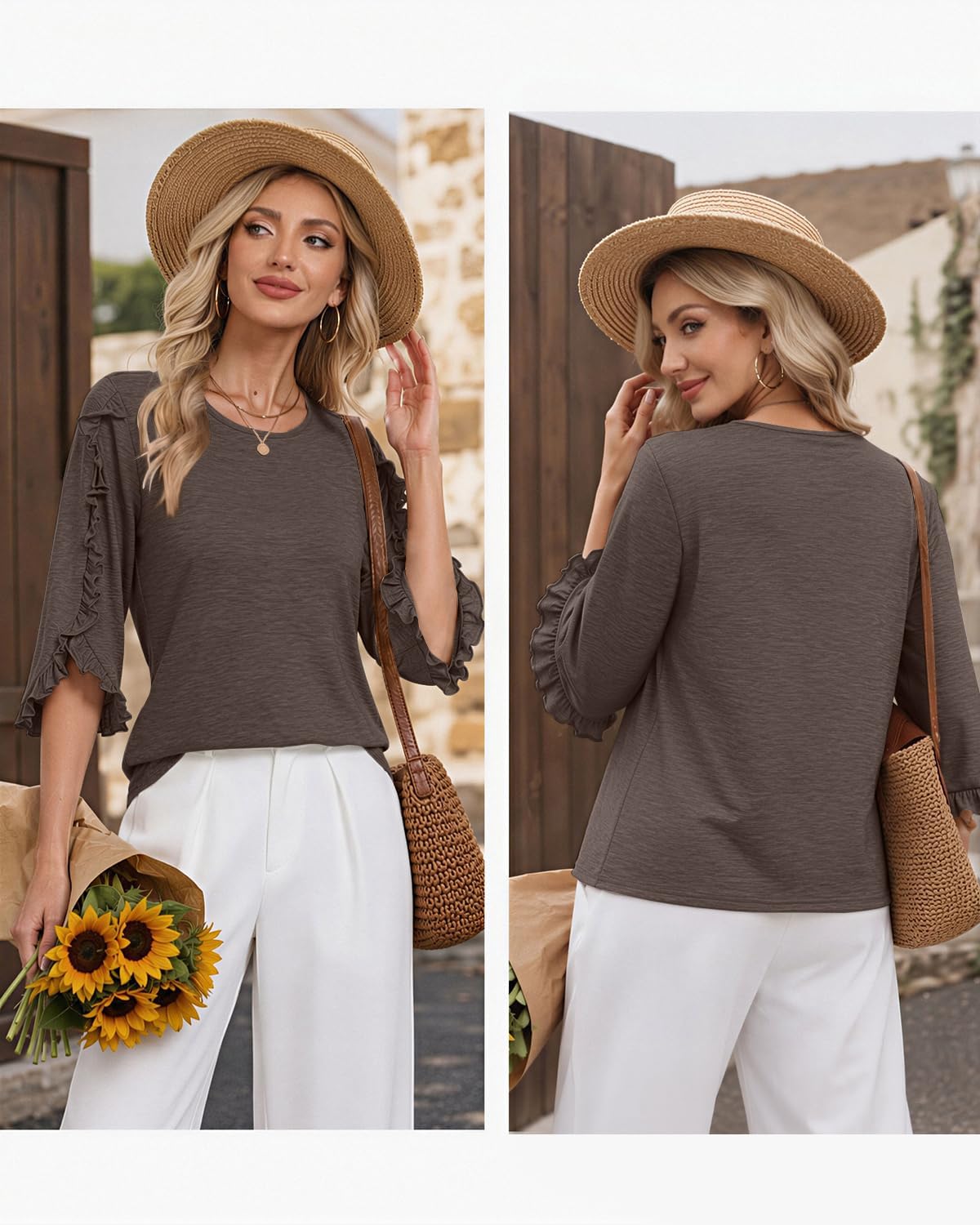 3/4 Length Sleeve Womens Tops Crewneck Ruffle Sleeve Shirts Dressy Casual Blouse Summer Fall Fashion Business Outfit