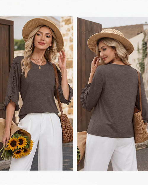 3/4 Length Sleeve Womens Tops Crewneck Ruffle Sleeve Shirts Dressy Casual Blouse Summer Fall Fashion Business Outfit