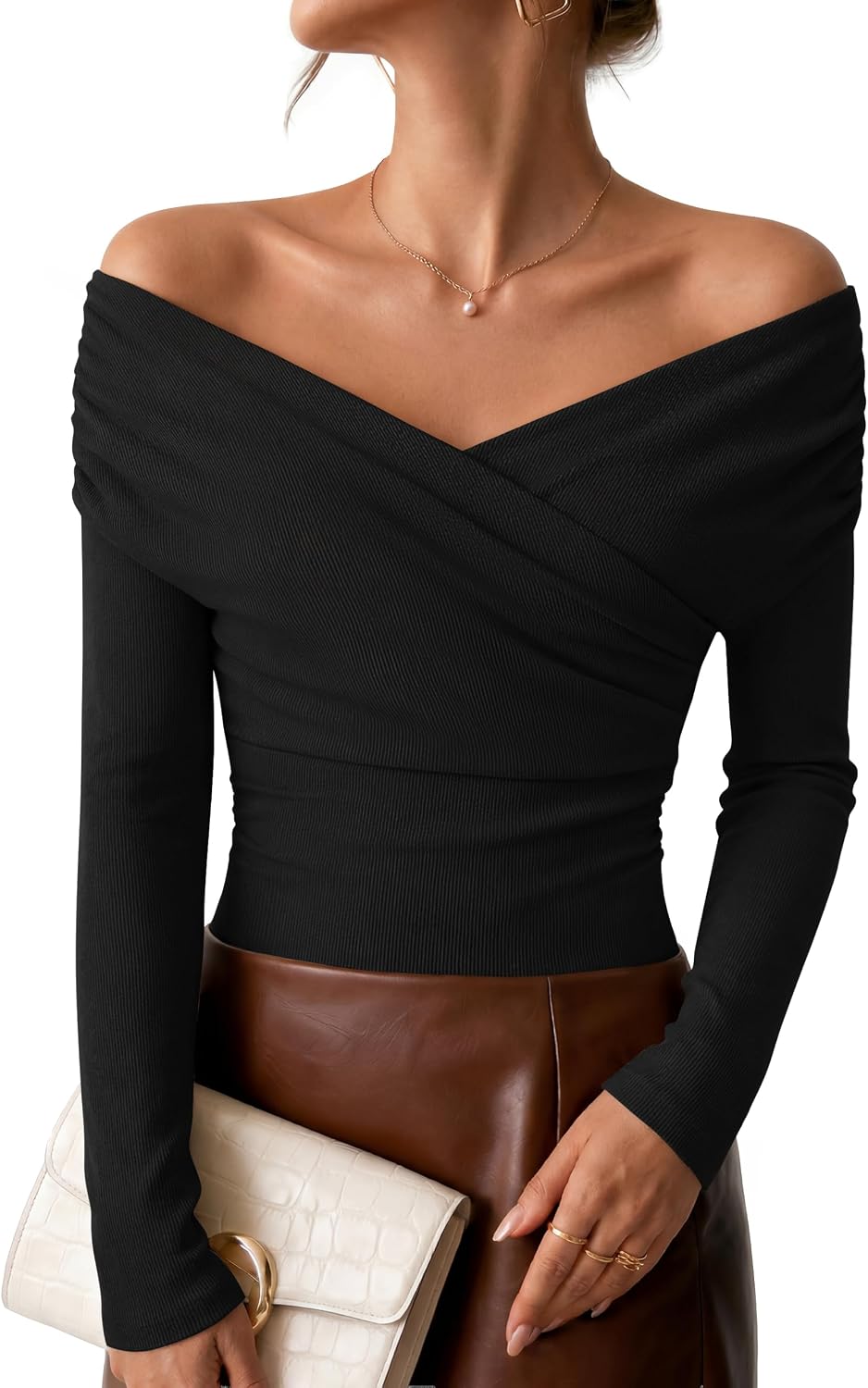 ZESICA Womens 2026 Fall Long Sleeve Wrap Off Shoulder Y2K Going Out Tops
