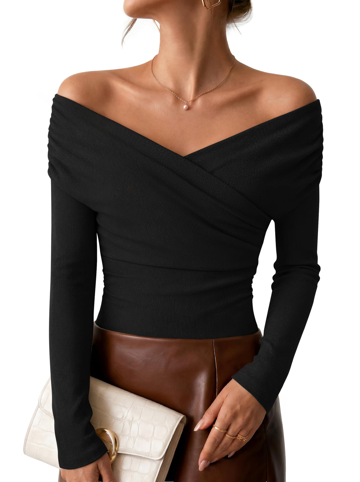ZESICA Womens 2026 Fall Long Sleeve Wrap Off Shoulder Y2K Going Out Tops