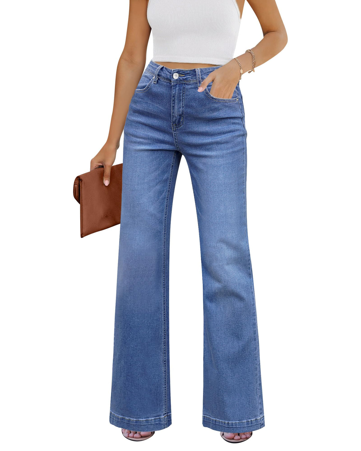 GRAPENT Flare Jeans for Women High Rise Wide Leg Baggy Stretchy Denim Pants