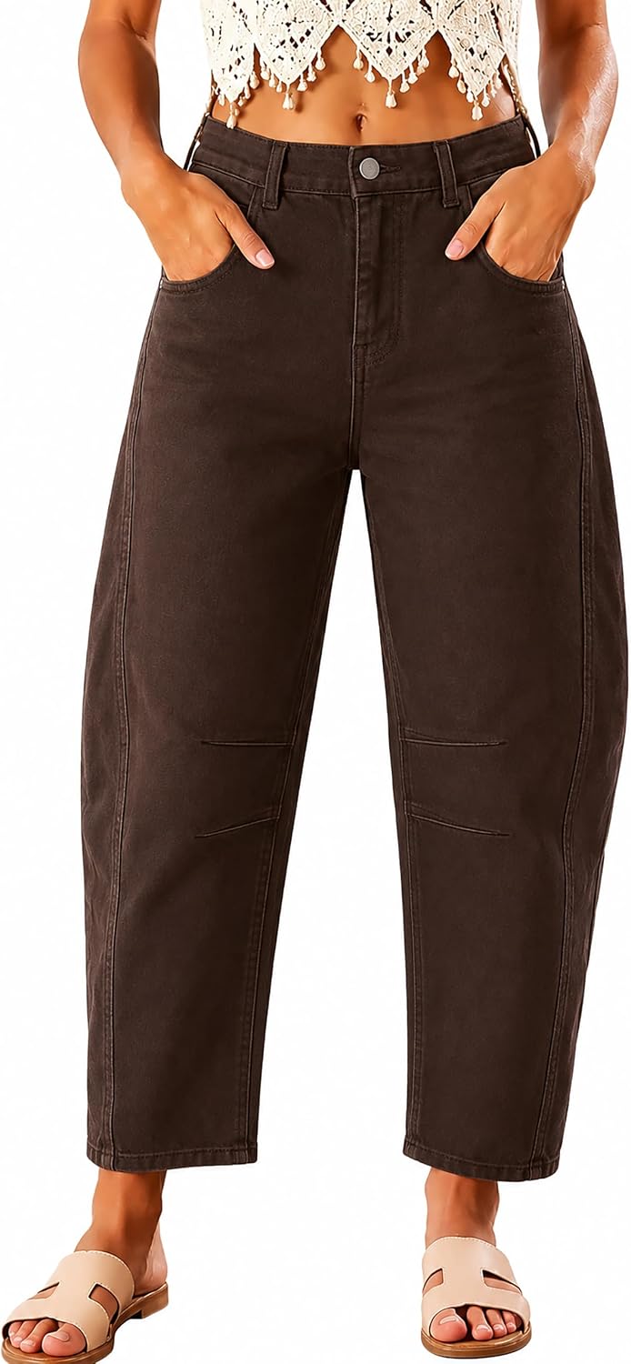 Women's High Waisted Stretch Barrel Leg Jeans Cropped Ankle Pants