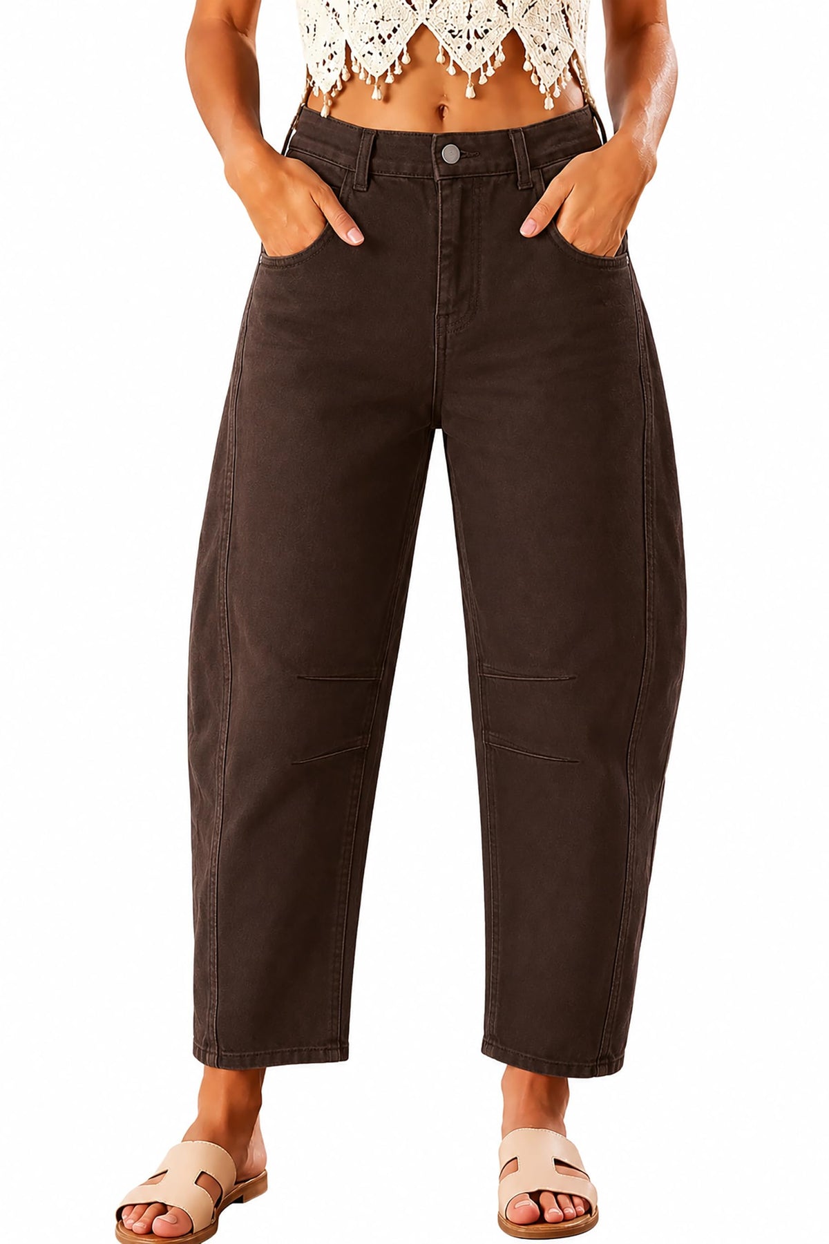 Women's High Waisted Stretch Barrel Leg Jeans Cropped Ankle Pants