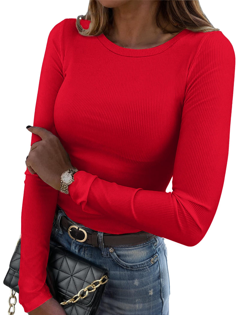 Zeagoo Women Long Sleeve Shirts Ribbed Slim Fit Tops Crewneck Basic Tee