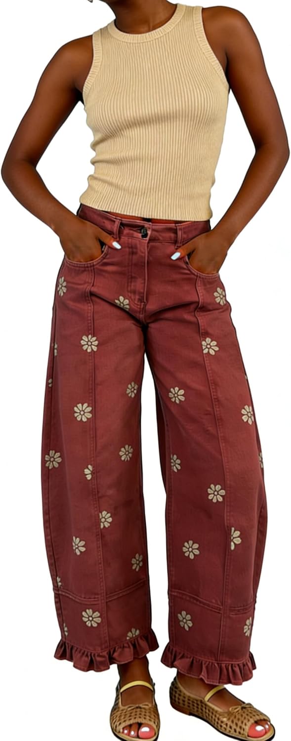utcoco Barrel Jeans Women 2026 Floral Print Wide Leg Jeans Y2k Patchwork Baggy Boyfriend Denim Pants