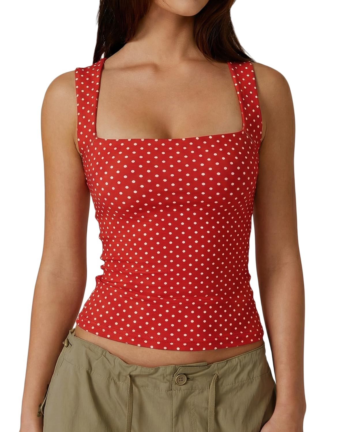 QINSEN Women's Square Neck Sleeveless Double-Layer Tank Tops Basic Tight T Shirts