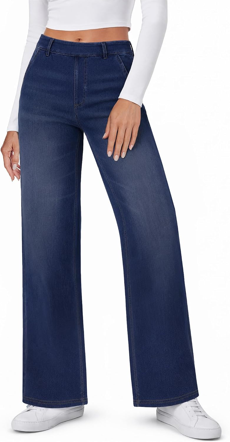 DLOODA Womens Jeans Stretchy Wide Leg High Waist Pull On Sweatpants Jeans
