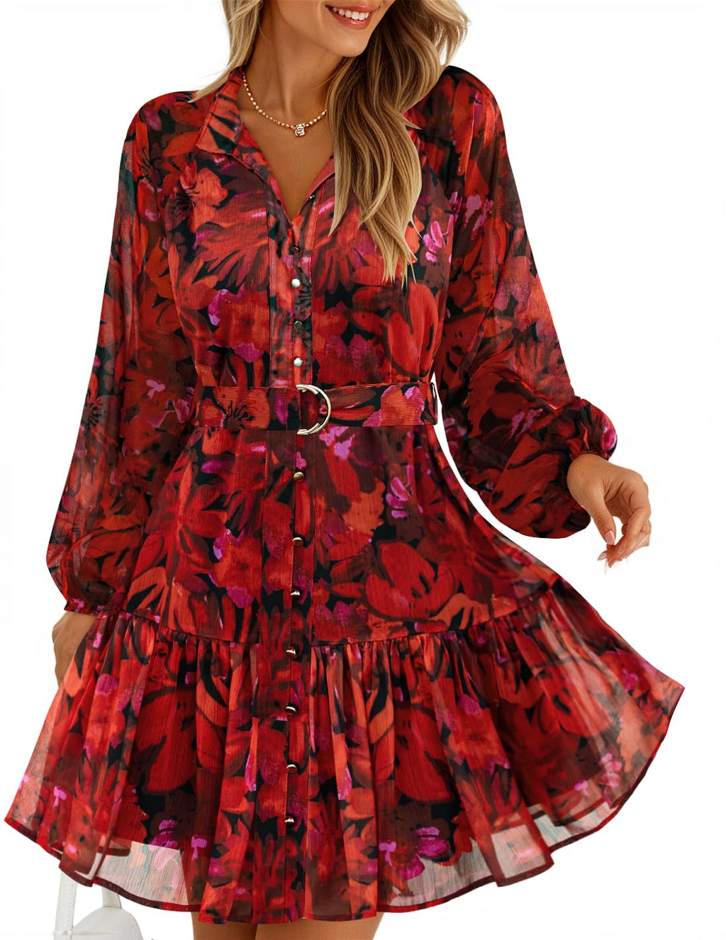 ZESICA Womens 2026 Fall Long Sleeve Floral Mini Dress