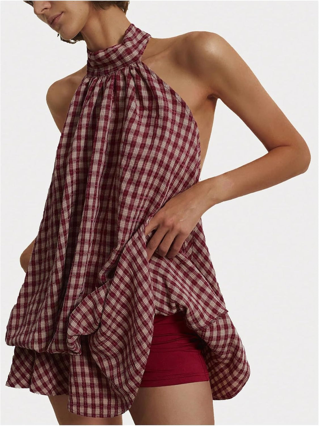 SOLY HUX Women's Plaid Halter Mini Dress Ruffle Bubble Hem Going Out Dress