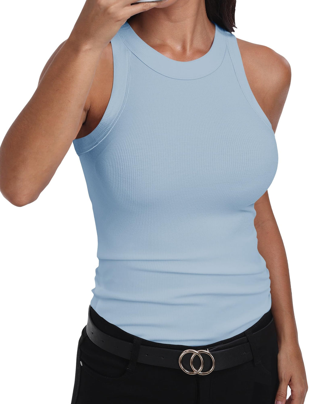 GEMBERA Womens Sleeveless Racerback High Neck Casual Basic Cotton Ribbed Fitted Tank Top