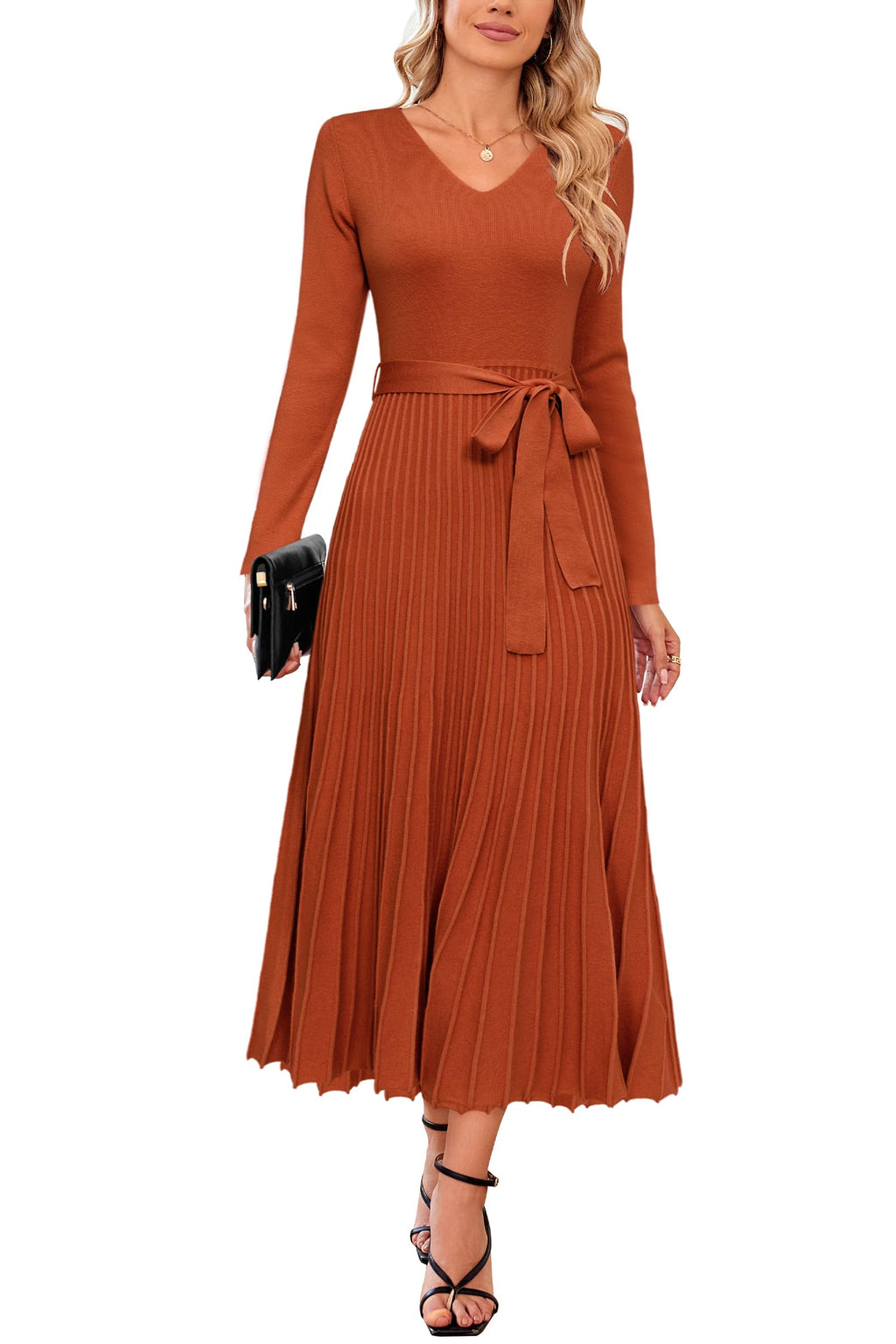 Arach&Cloz Women's Wool Blend Fall Long Sleeve Midi Sweater Dress