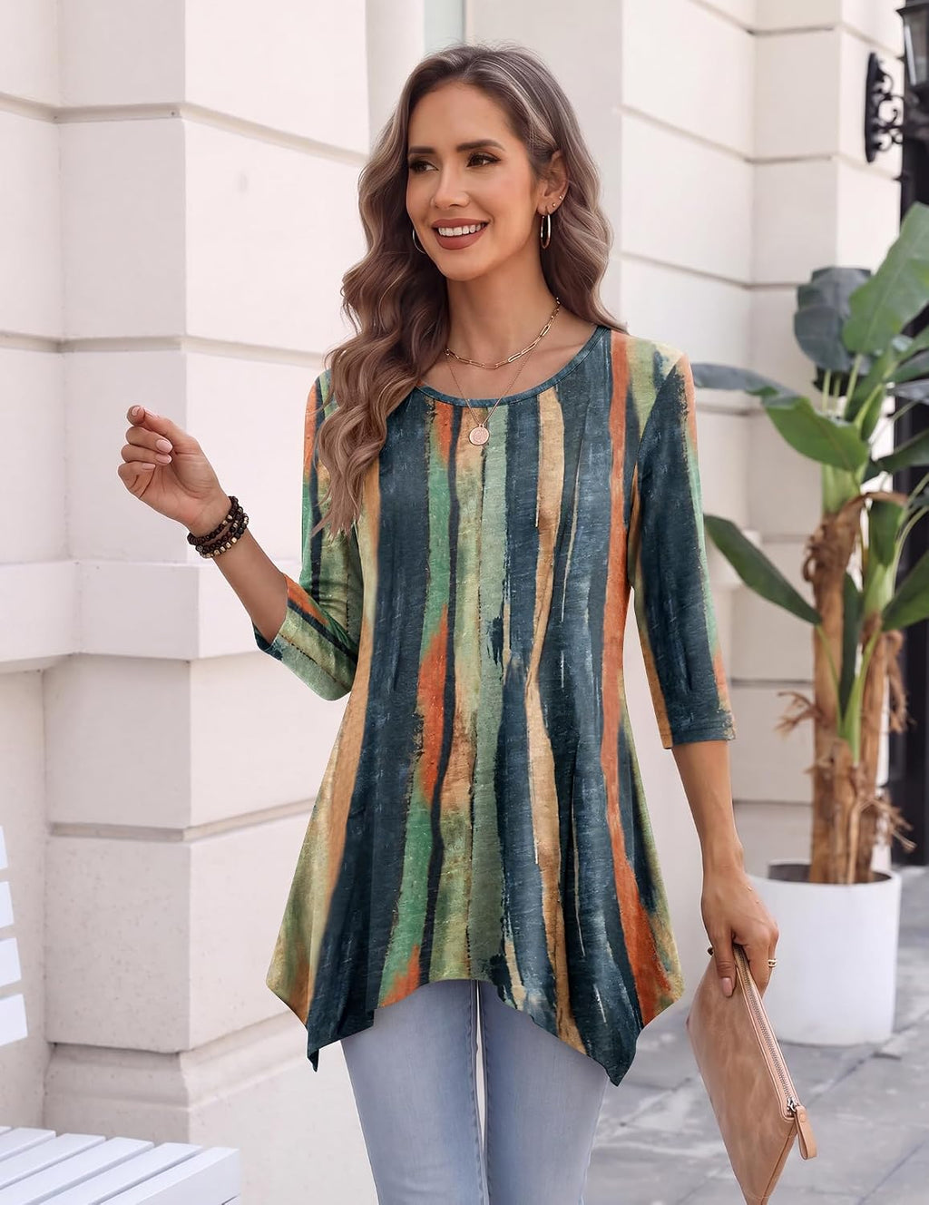Zeagoo Womens Tops 3/4 Sleeve Loose Fit Dressy Tunics Plus Size Boho Shirts