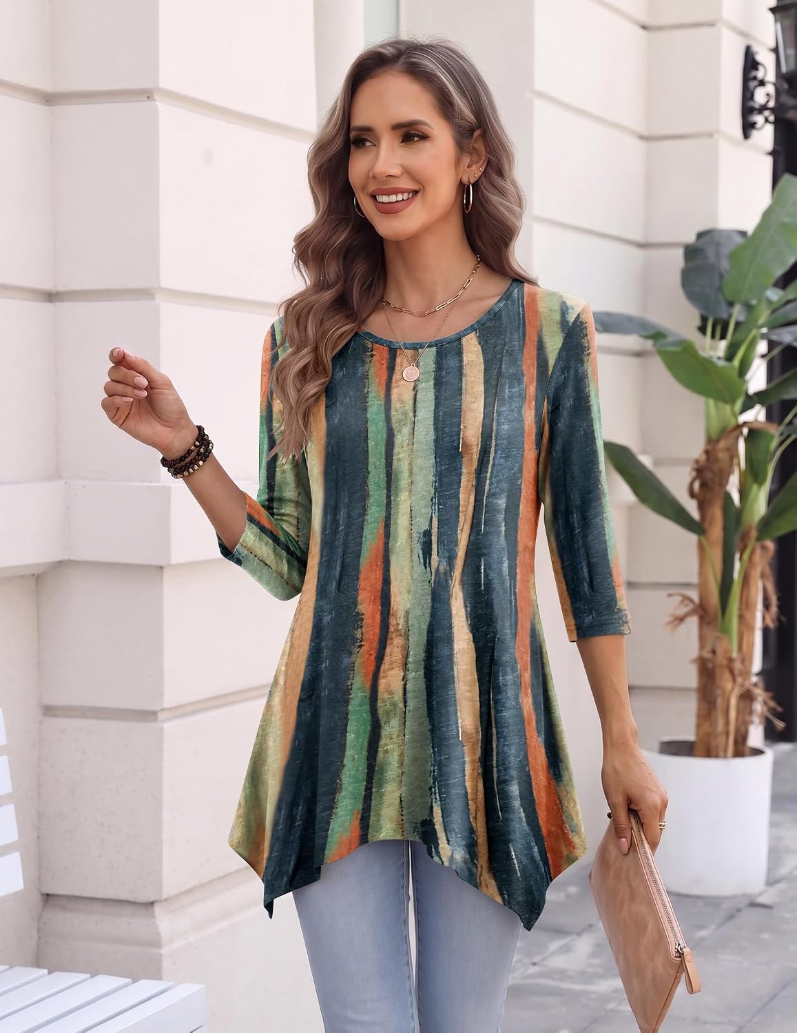 Zeagoo Womens Tops 3/4 Sleeve Loose Fit Dressy Tunics Plus Size Boho Shirts