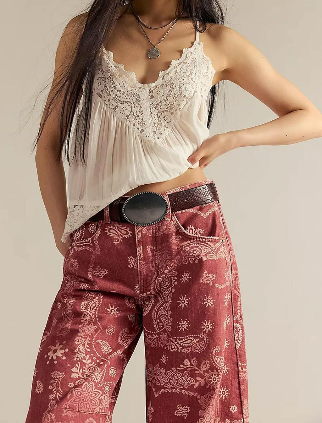 loveimgs Women Boyfriend Baggy Barrel Jeans Floral Print Denim Ankle Pants Wide Leg Mid Rise Jeans Sweatpants Y2k Patchwork