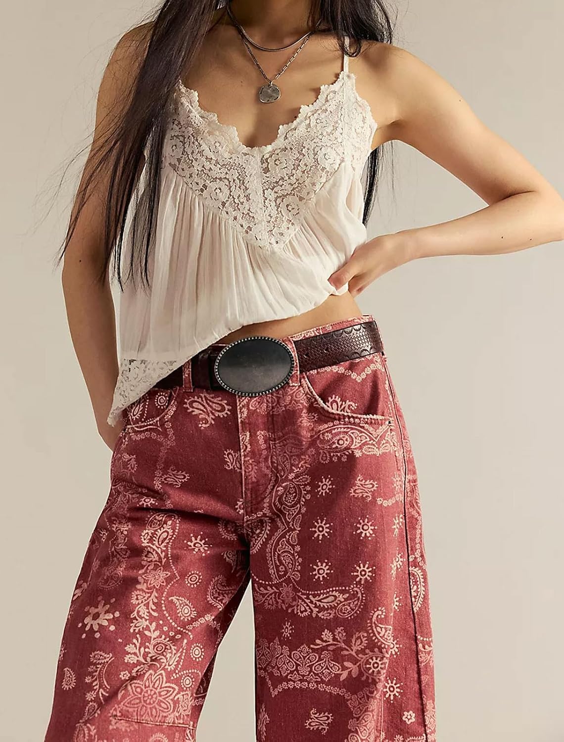 loveimgs Women Boyfriend Baggy Barrel Jeans Floral Print Denim Ankle Pants Wide Leg Mid Rise Jeans Sweatpants Y2k Patchwork