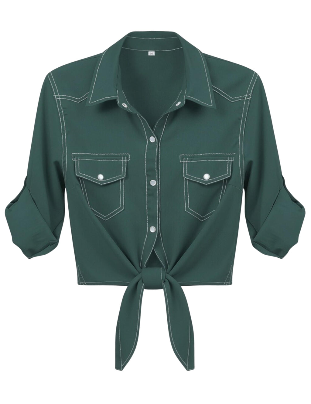 Women's Denim Shirt Roll Up 3/4 Sleeve Tie Front Knot Chambray Crop Top