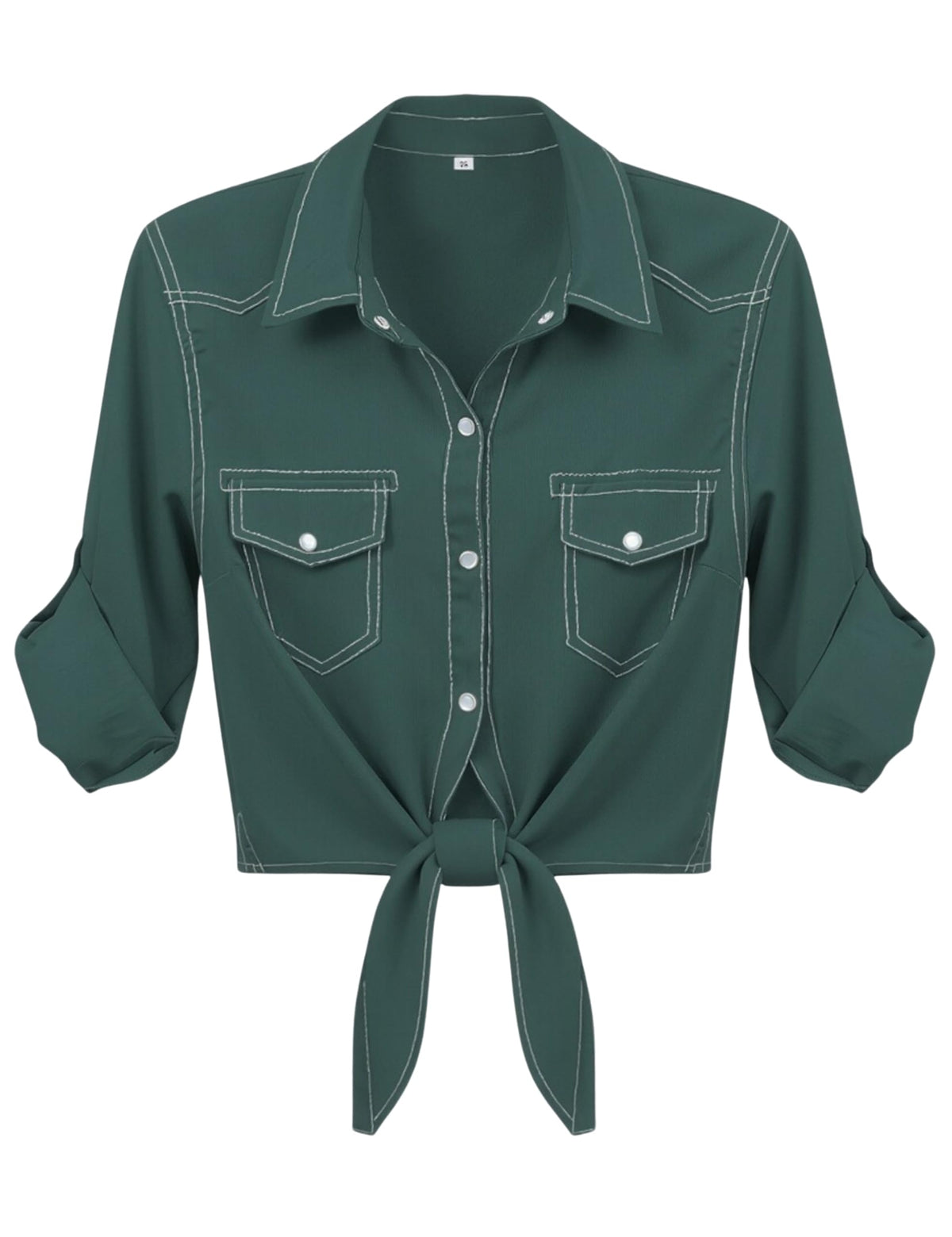 Women's Denim Shirt Roll Up 3/4 Sleeve Tie Front Knot Chambray Crop Top
