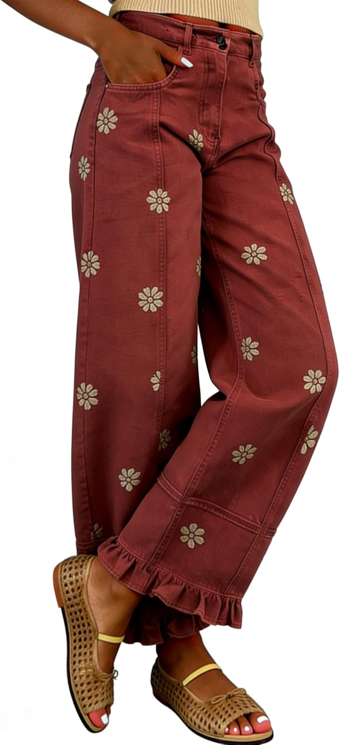 utcoco Barrel Jeans Women 2026 Floral Print Wide Leg Jeans Y2k Patchwork Baggy Boyfriend Denim Pants
