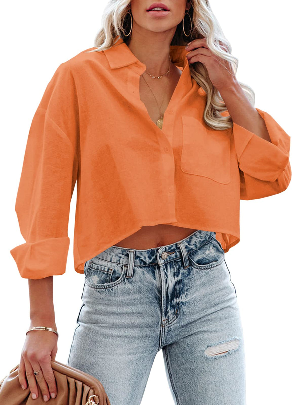 Tankaneo Womens Button Down Cropped Shirts Long Sleeve Crop Tops Blouses