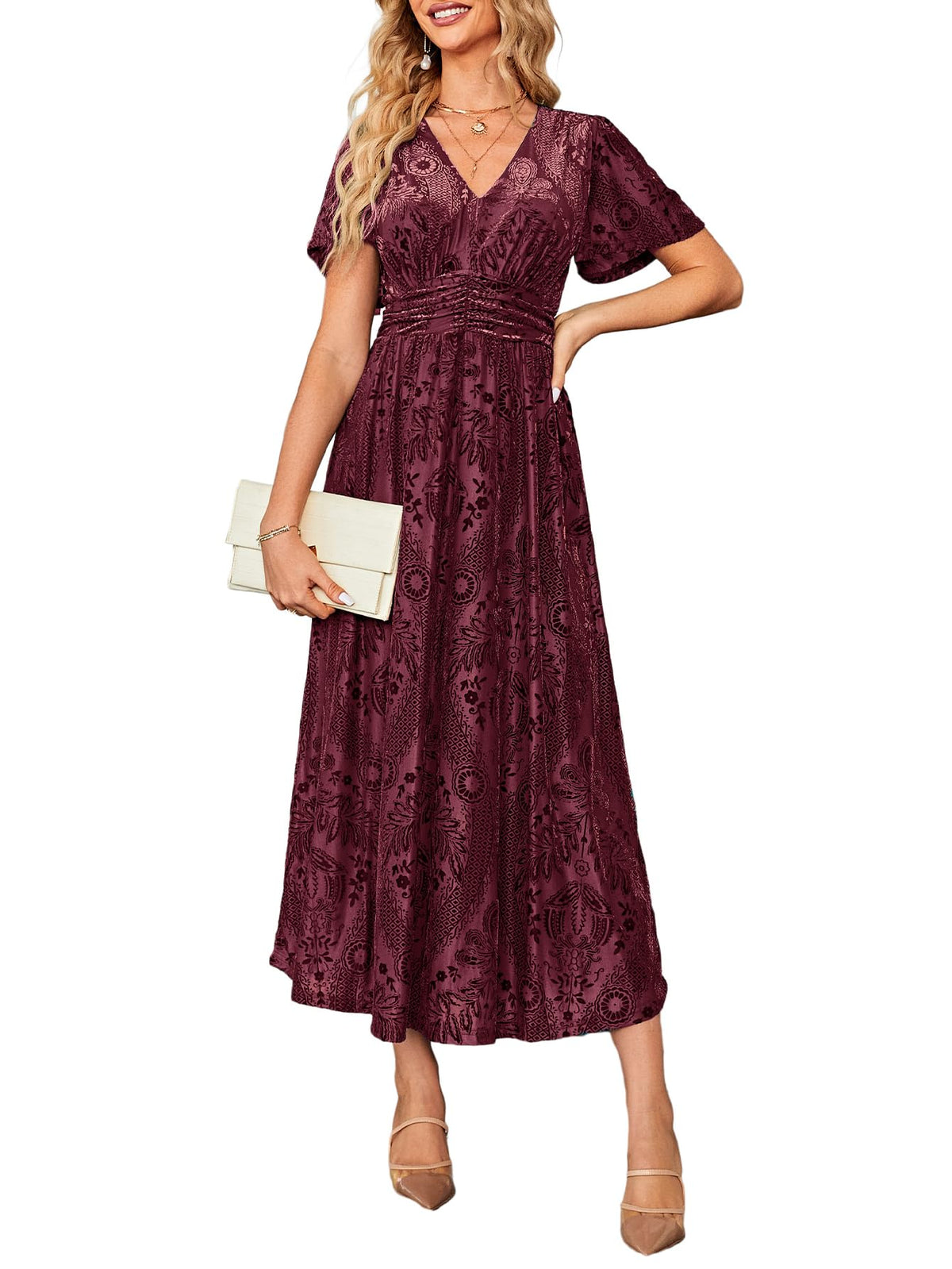 Simplee Women’s V Neck Velvet Maxi Dress Short Sleeve Empire Waist Long Formal Dress for Wedding Guest