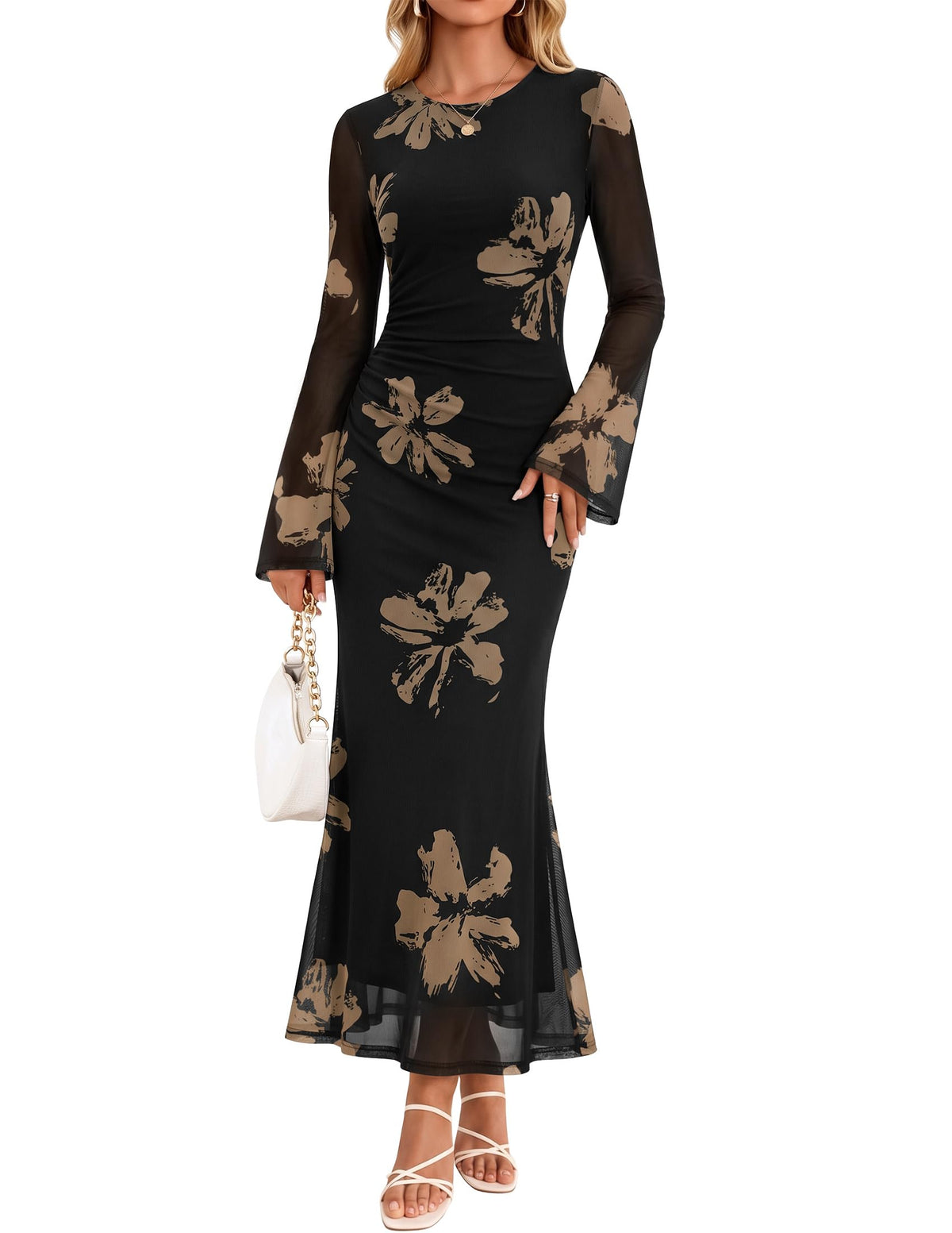 ZESICA Womens Long Sleeve Floral Fall Bodycon Ruched Mesh Maxi Formal Dress
