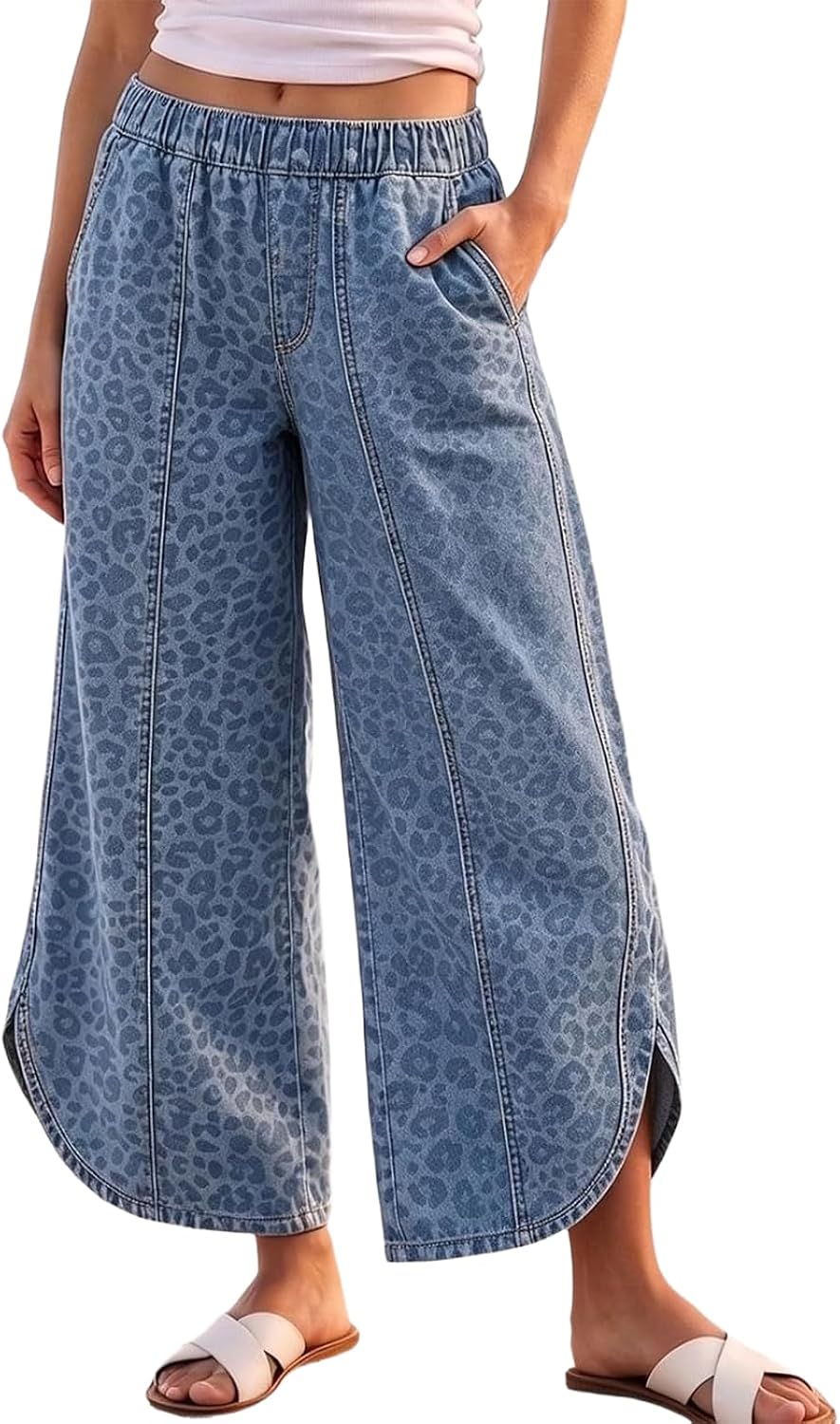 Women's Elastic Waist Wide Leg Jeans Tulip Hem Casual Cropped Denim Pants