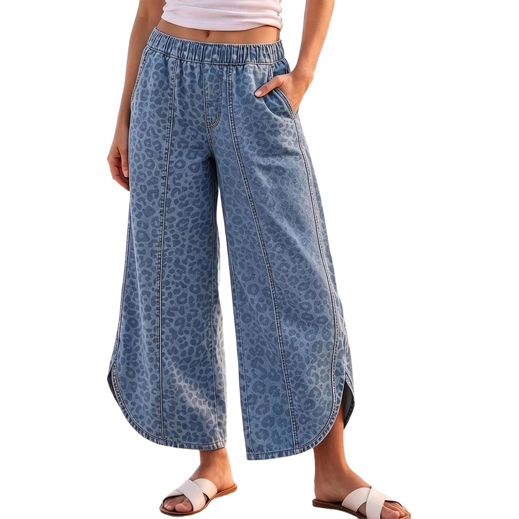 Women's Elastic Waist Wide Leg Jeans Tulip Hem Casual Cropped Denim Pants
