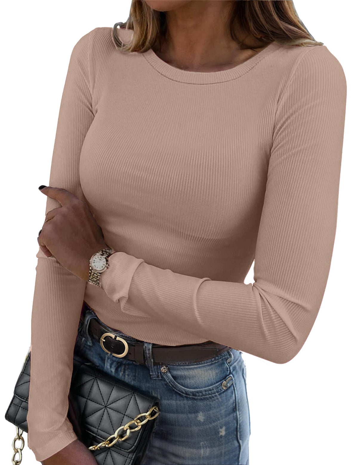 Zeagoo Women Long Sleeve Shirts Ribbed Slim Fit Tops Crewneck Basic Tee