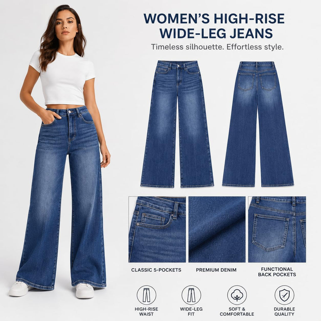 Women's High Waisted Wide Leg Jeans Classic 5-Pocket Dark Wash Long Bootcut Denim Pants for Casual Office Work