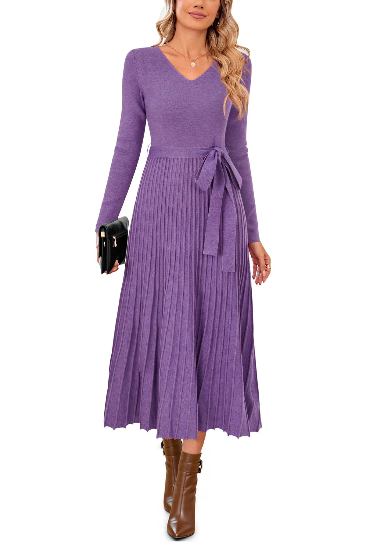 Arach&Cloz Women's Wool Blend Fall Long Sleeve Midi Sweater Dress