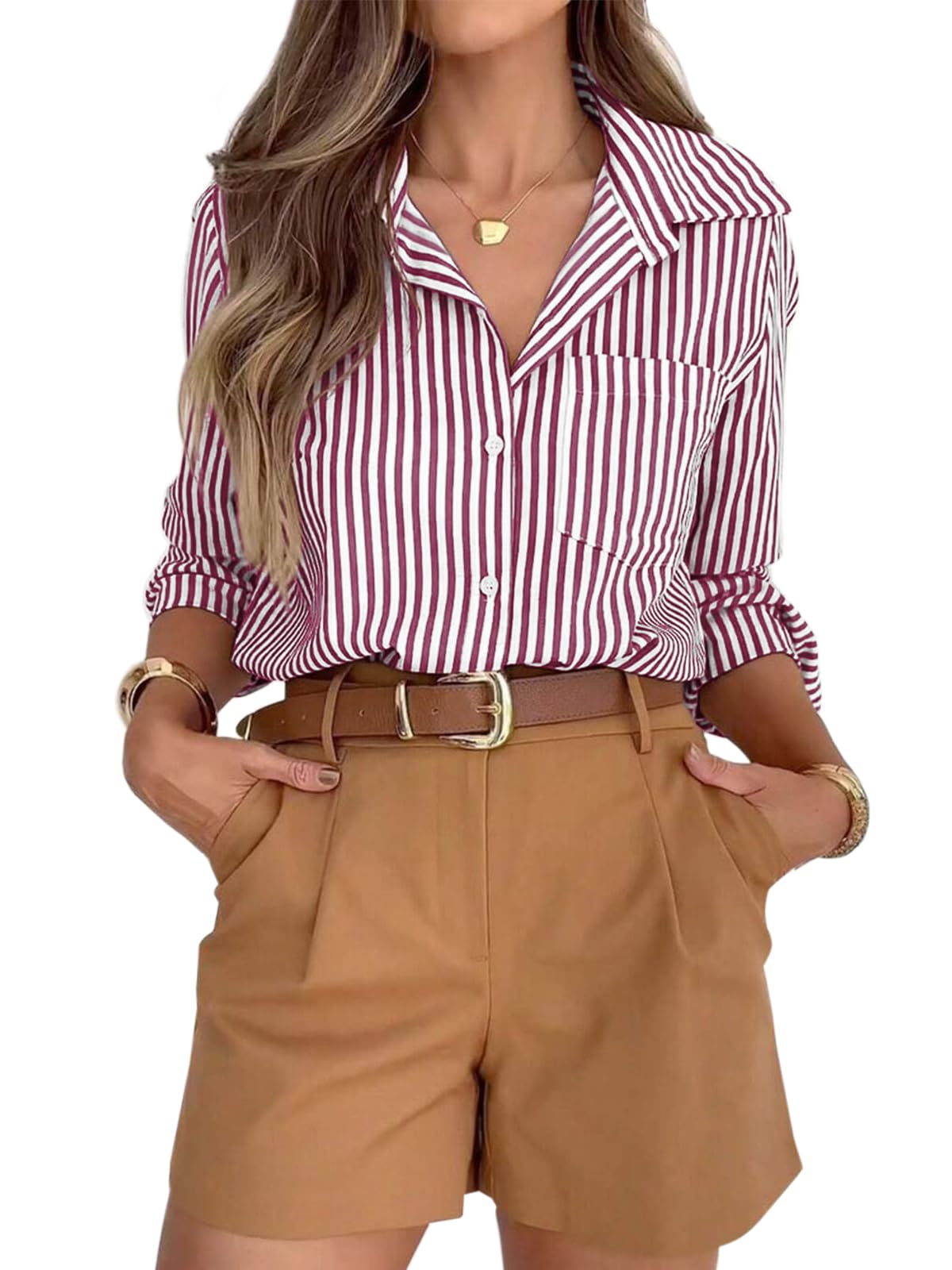 siliteelon Button Down Striped Shirts for Women Work Collared Dress Blouses