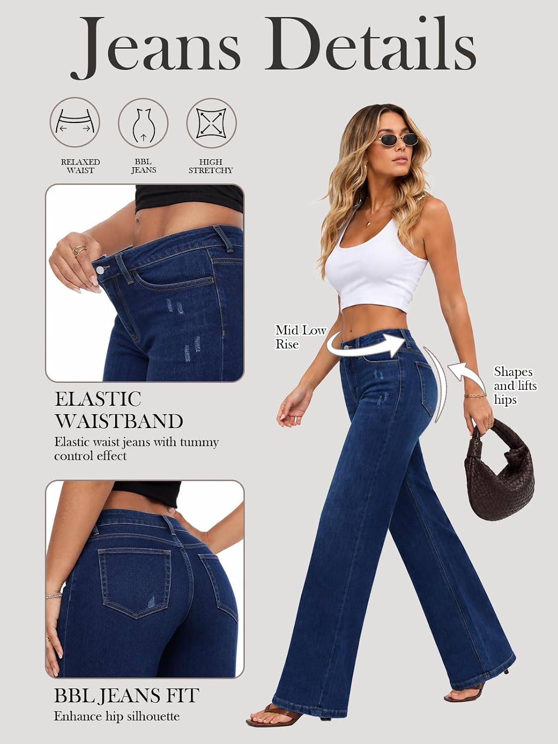 ONESO Wide Leg Jeans for Women Mid Low Rise Baggy Stretchy Denim Pants