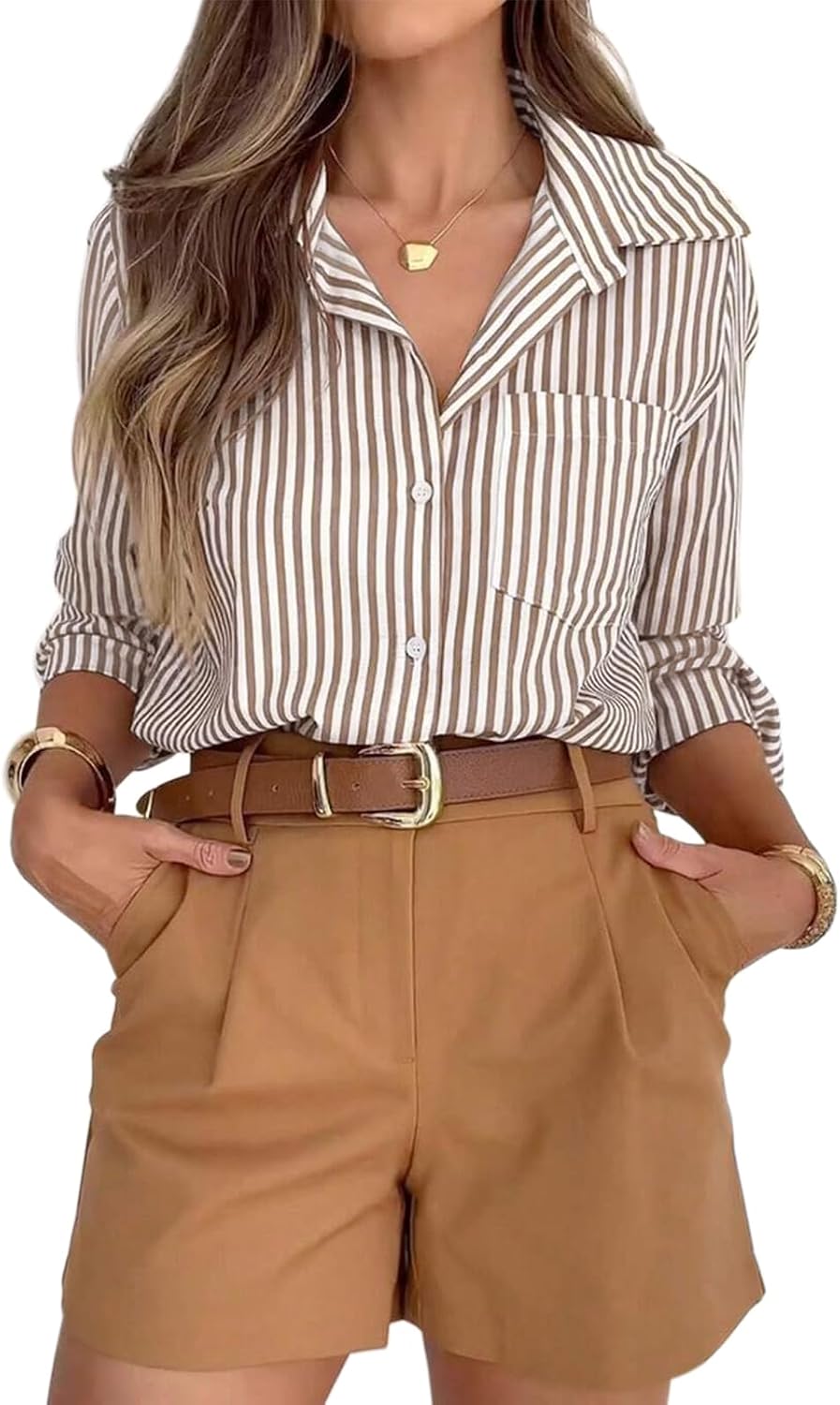 siliteelon Button Down Striped Shirts for Women Work Collared Dress Blouses