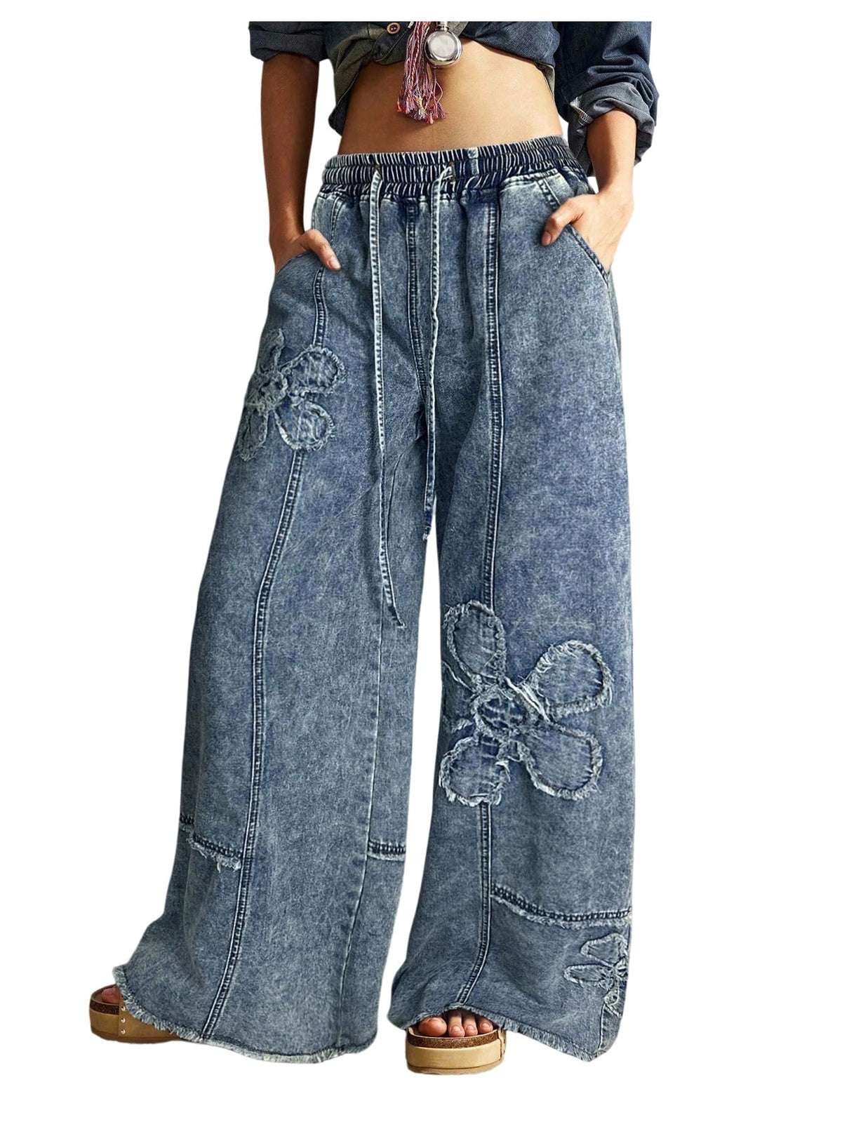 BEAUDRM Women's Y2K Baggy Jeans Wide Leg Jeans Denim Boho Pants