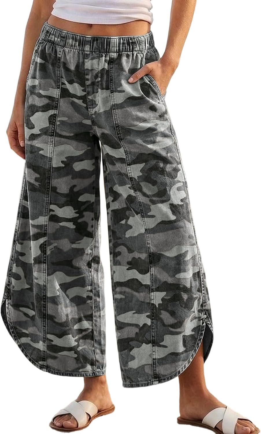 CHARTOU Women Y2k Wide Leg Jeans Elastic Waist Tulip Hem Casual Cropped Ankle Lenght Denim Pants