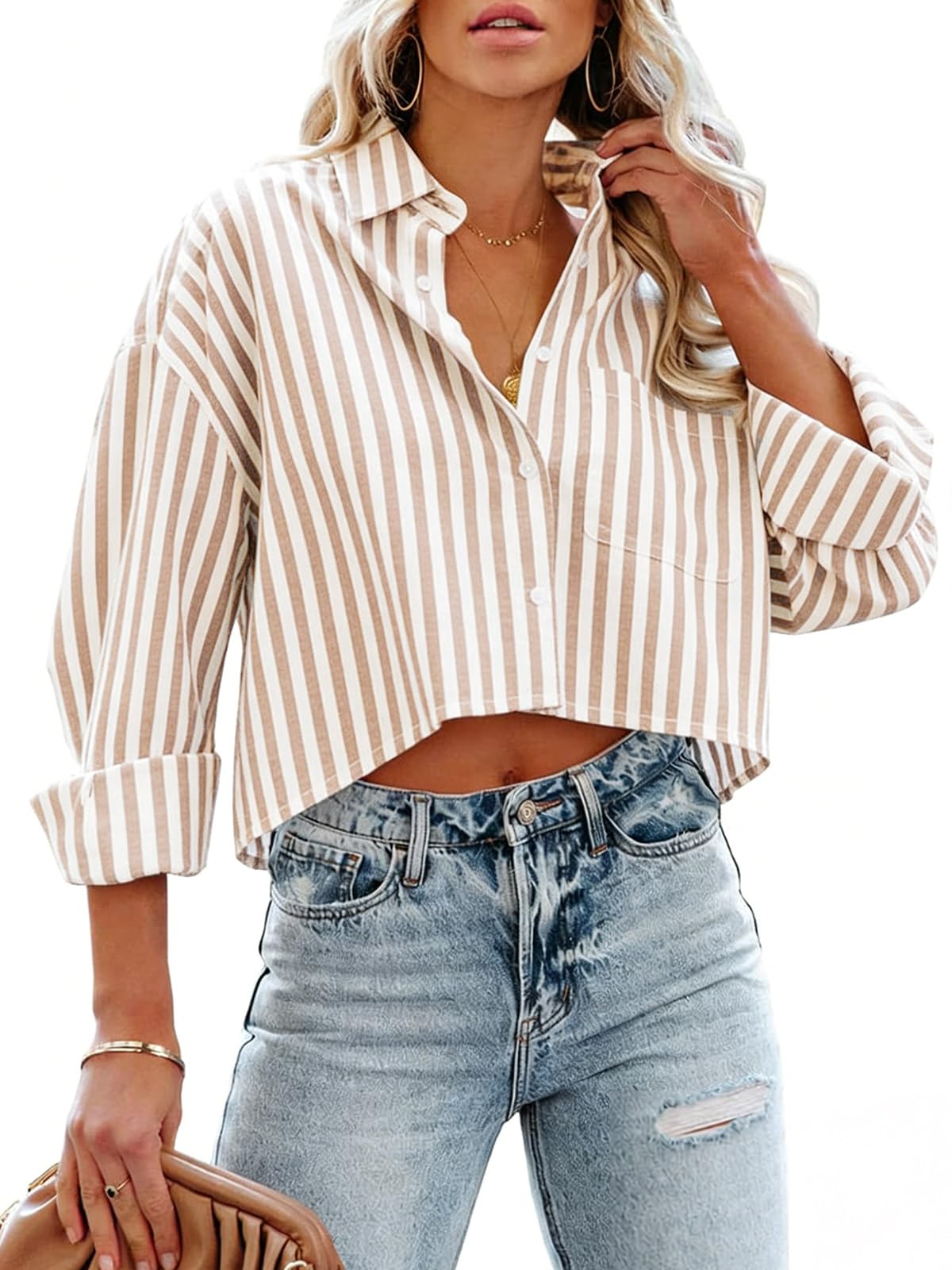 Tankaneo Womens Button Down Cropped Shirts Long Sleeve Crop Tops Blouses
