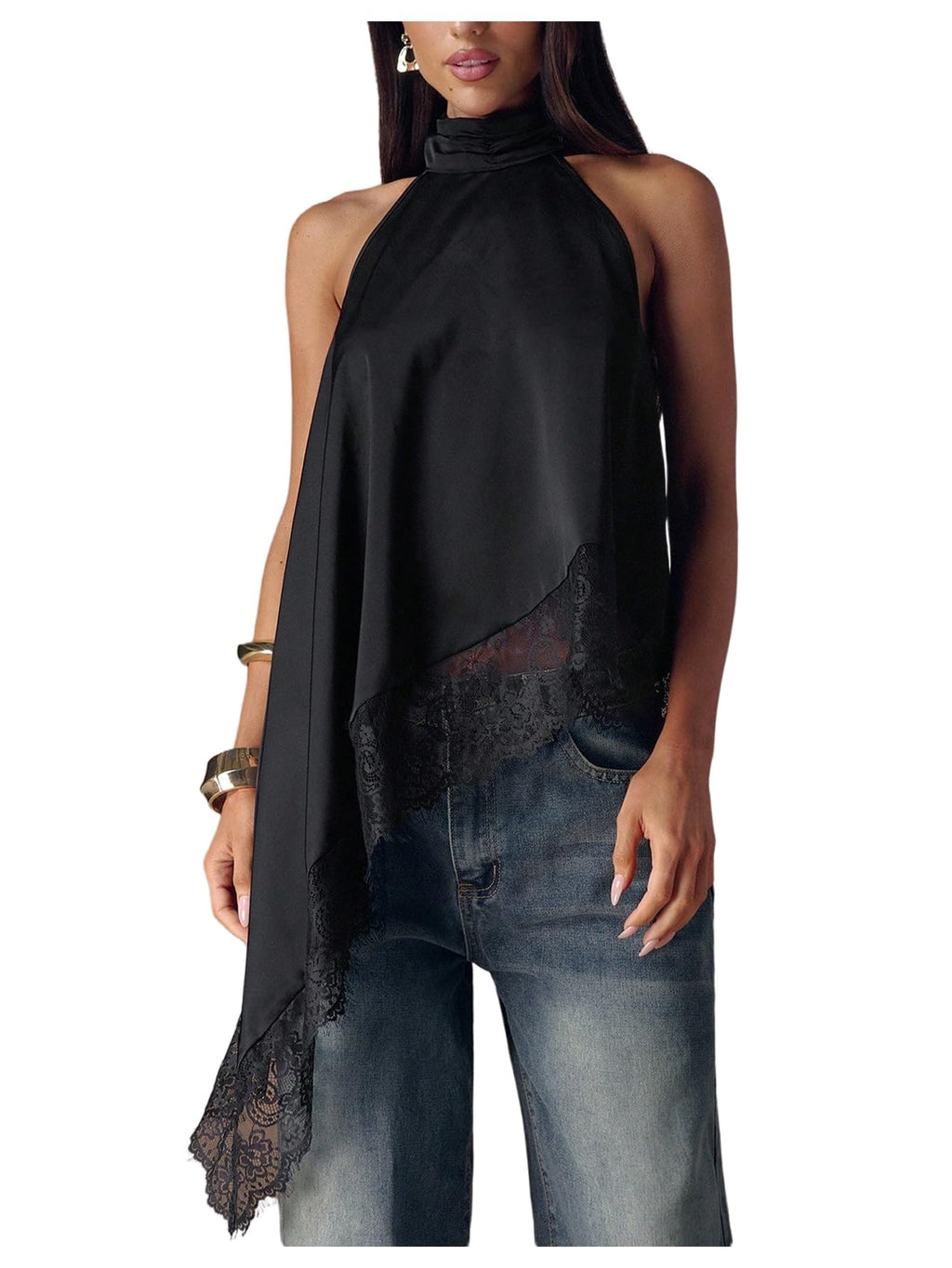 Milumia Women's Halter Neck Top Lace Asymmetrical Hem Going Out Tank Tops