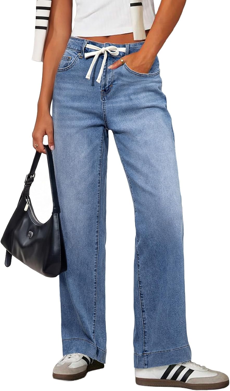 Sidefeel Women's High Waisted Straight Leg Jeans Drawstring Denim Pants