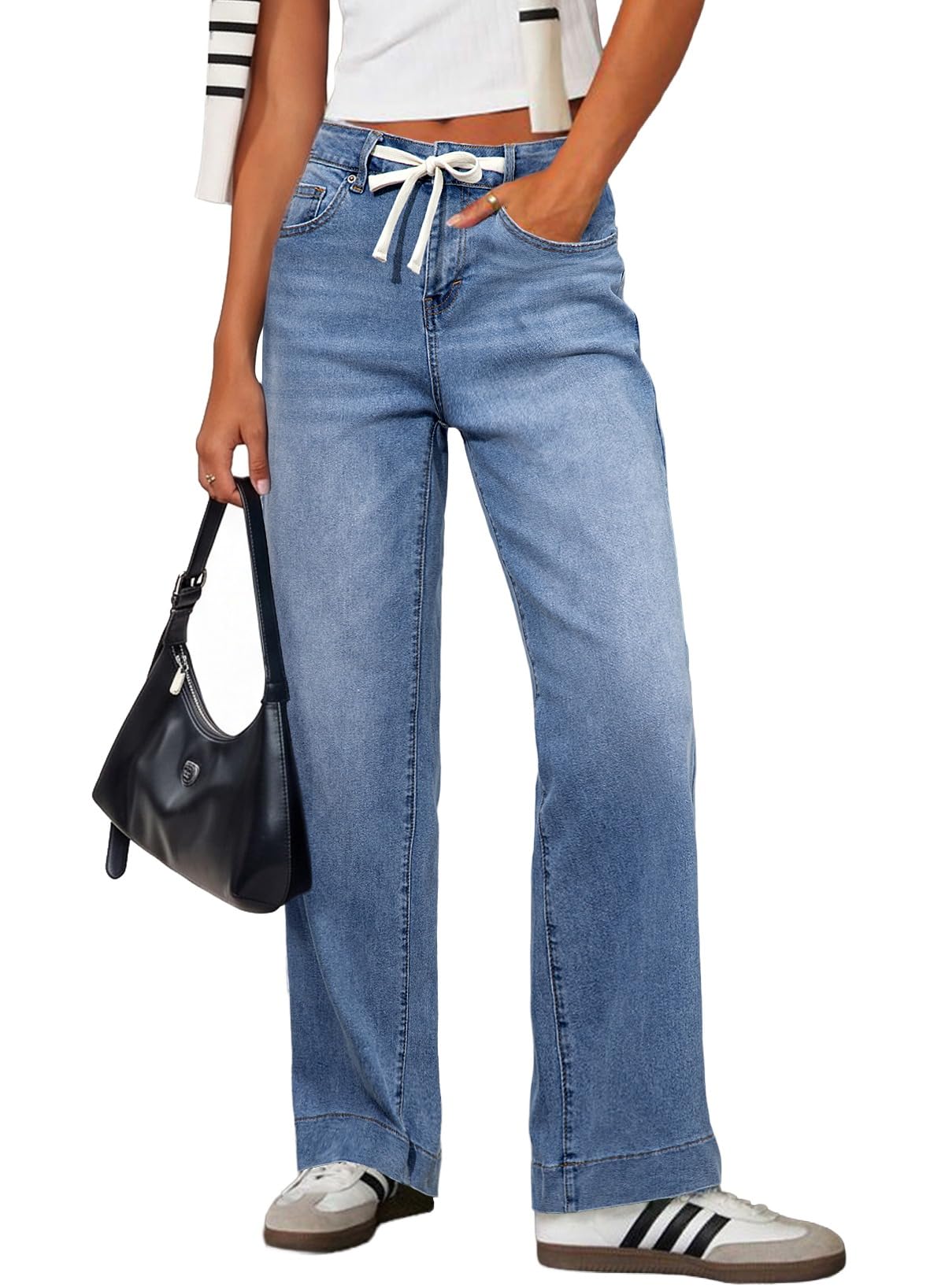 Sidefeel Women's High Waisted Straight Leg Jeans Drawstring Denim Pants