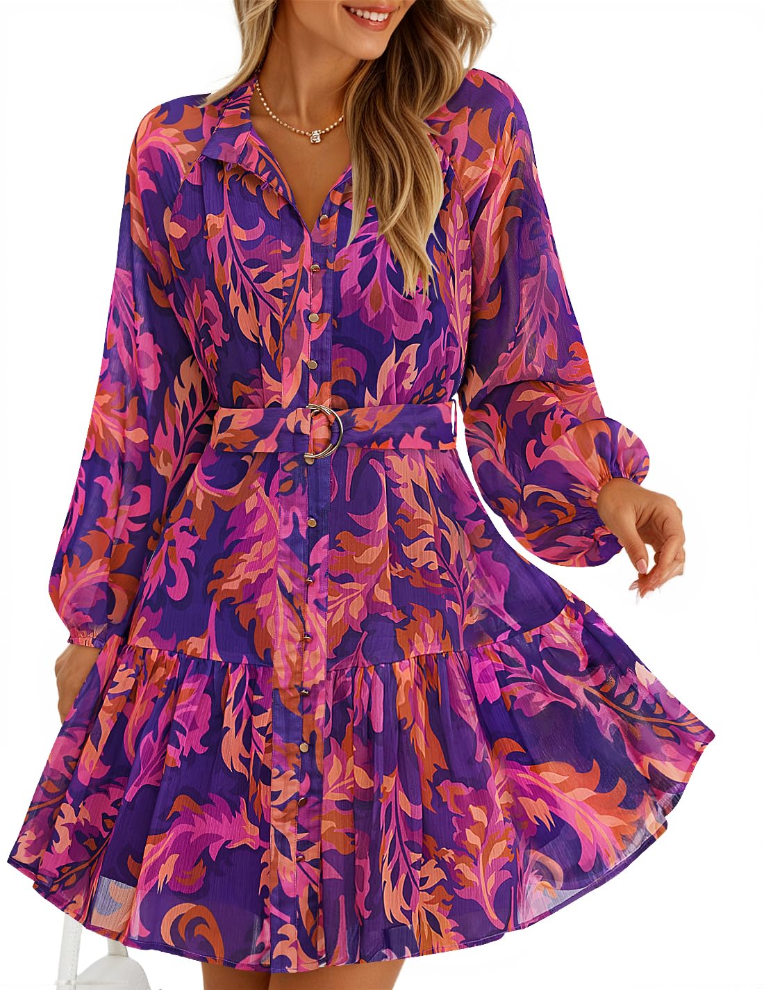 ZESICA Womens 2026 Fall Long Sleeve Floral Mini Dress