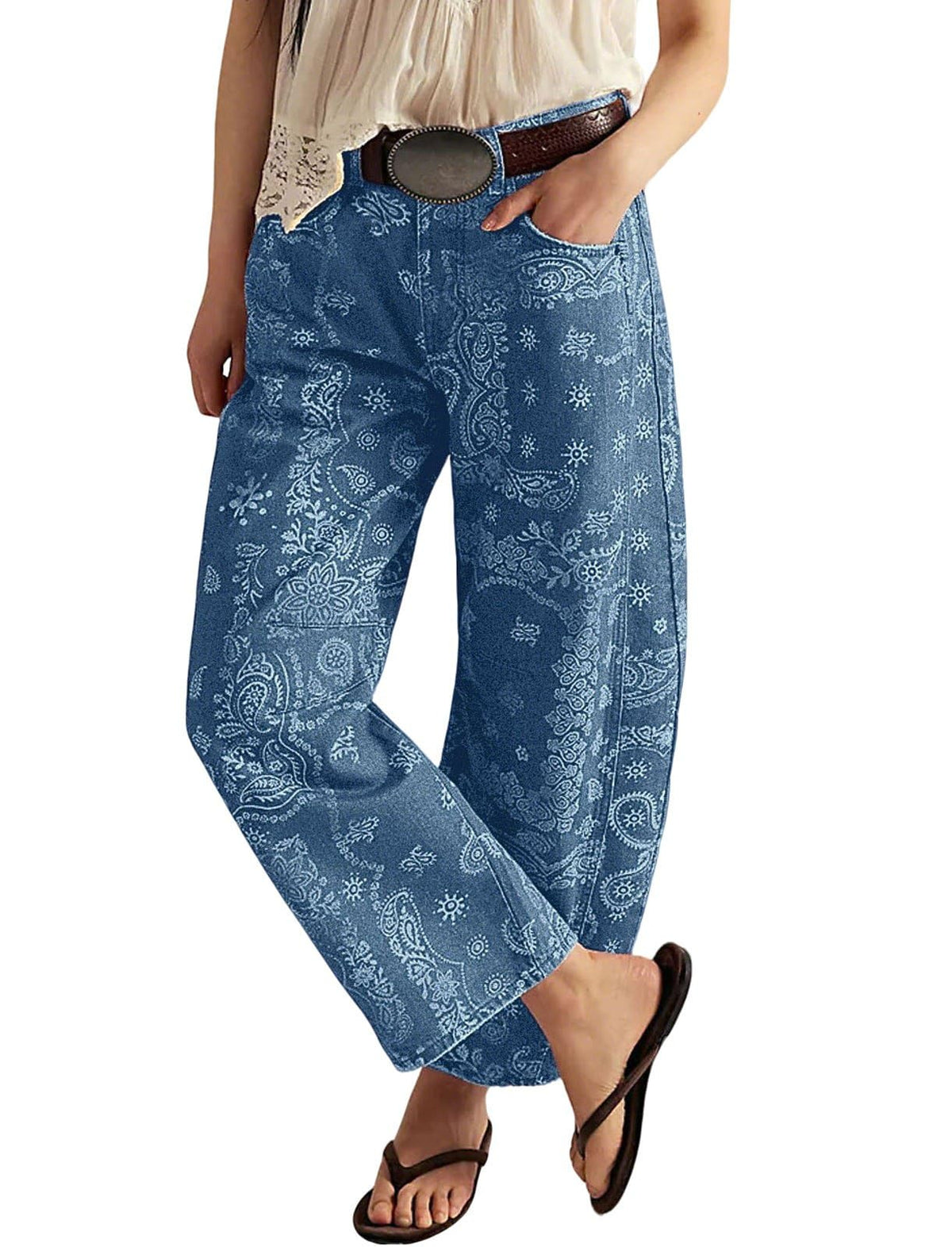 loveimgs Women Boyfriend Baggy Barrel Jeans Floral Print Denim Ankle Pants Wide Leg Mid Rise Jeans Sweatpants Y2k Patchwork