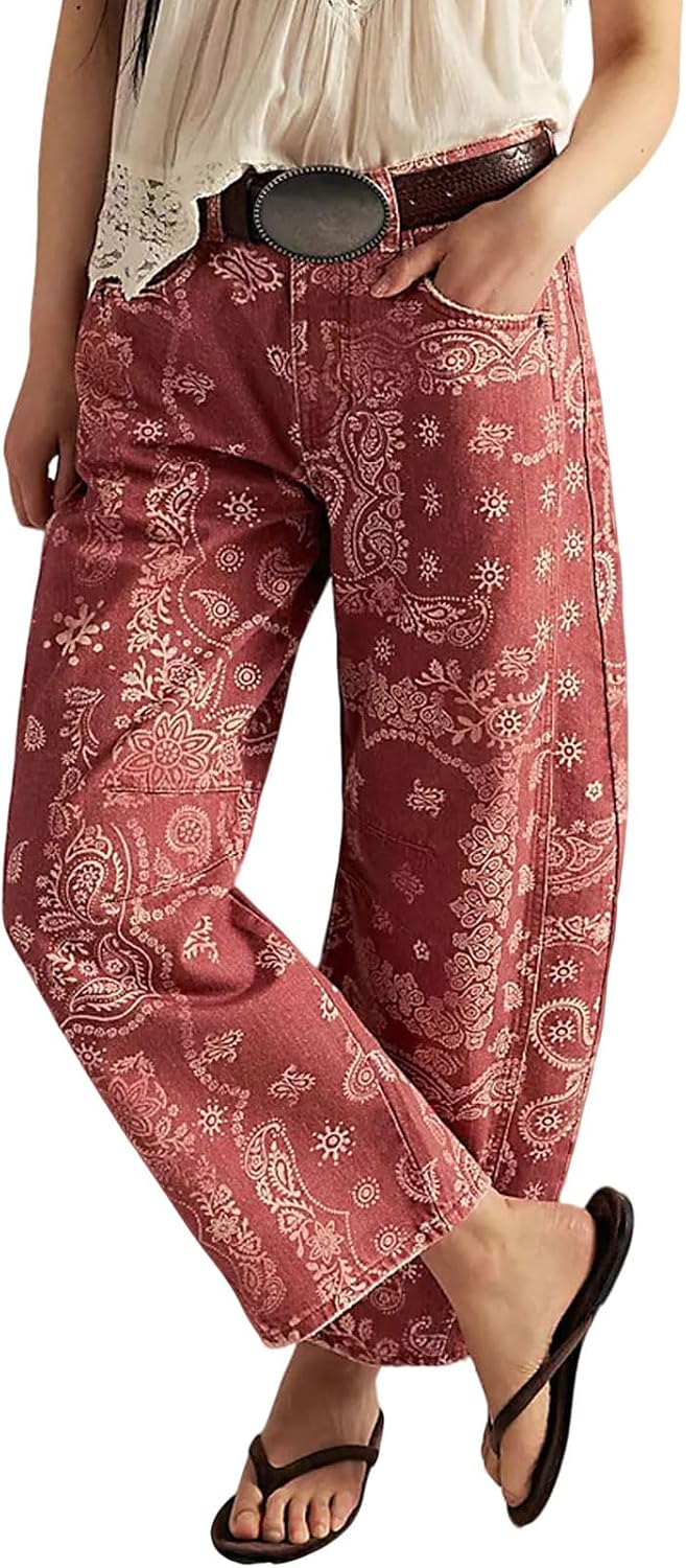 loveimgs Women Boyfriend Baggy Barrel Jeans Floral Print Denim Ankle Pants Wide Leg Mid Rise Jeans Sweatpants Y2k Patchwork