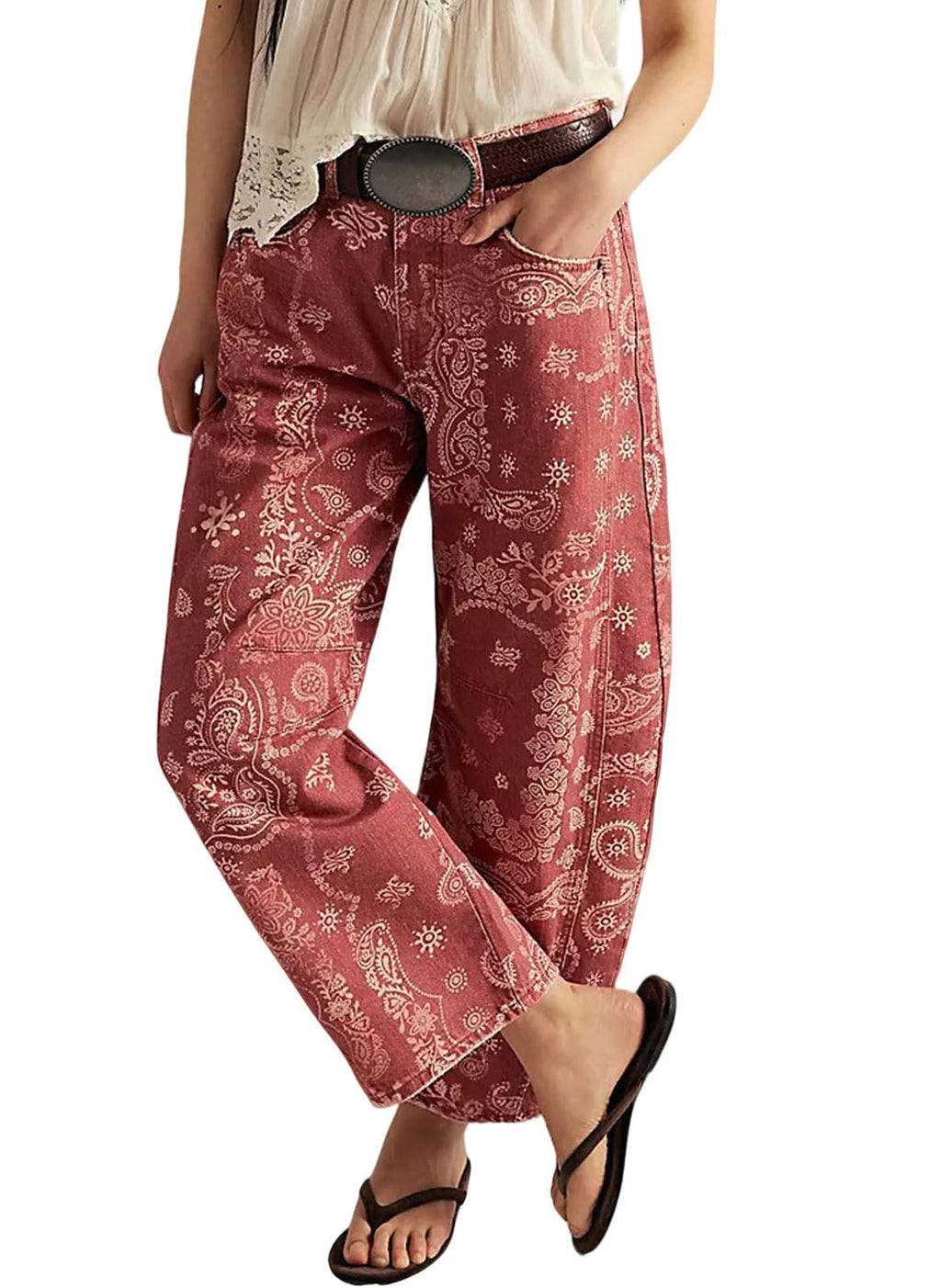 loveimgs Women Boyfriend Baggy Barrel Jeans Floral Print Denim Ankle Pants Wide Leg Mid Rise Jeans Sweatpants Y2k Patchwork
