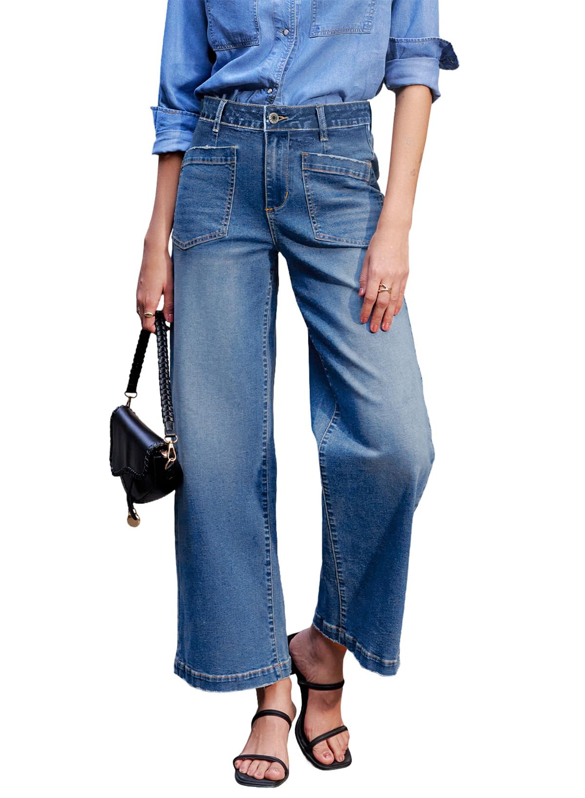 Sidefeel Wide Leg Jeans for Women High Waisted Stretchy Ankle Denim Pants