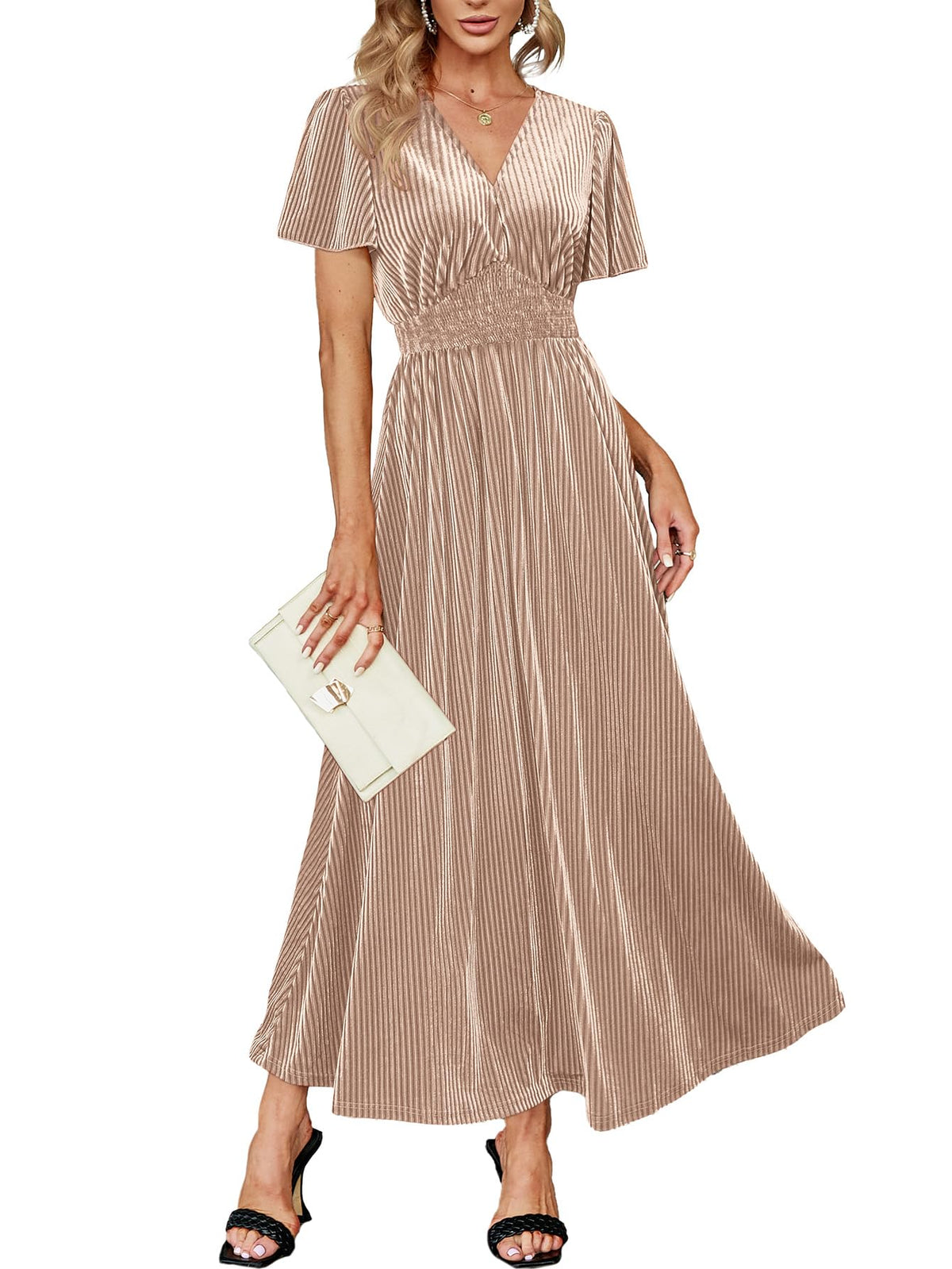 Simplee Women’s V Neck Velvet Maxi Dress Short Sleeve Empire Waist Long Formal Dress for Wedding Guest