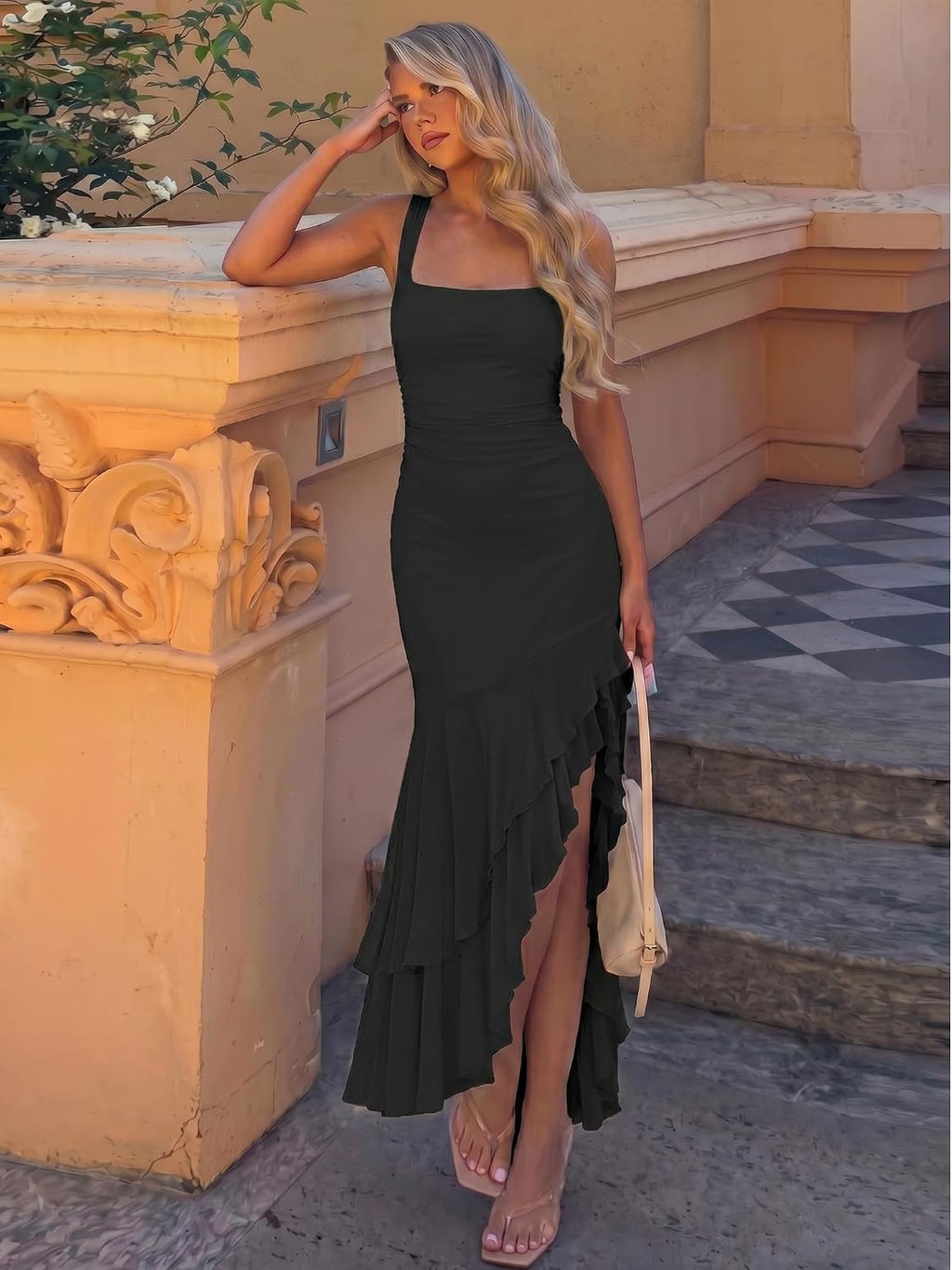 BORIFLORS Women's Elegant Bodycon Ruched Maxi Cocktail Dress