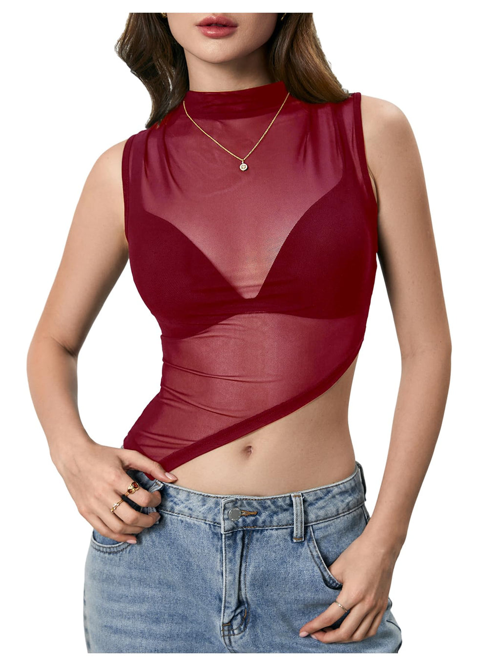 RoseSeek Women's Sheer Mesh Mock Neck Crop Tank Tops Summer Going Out Tops