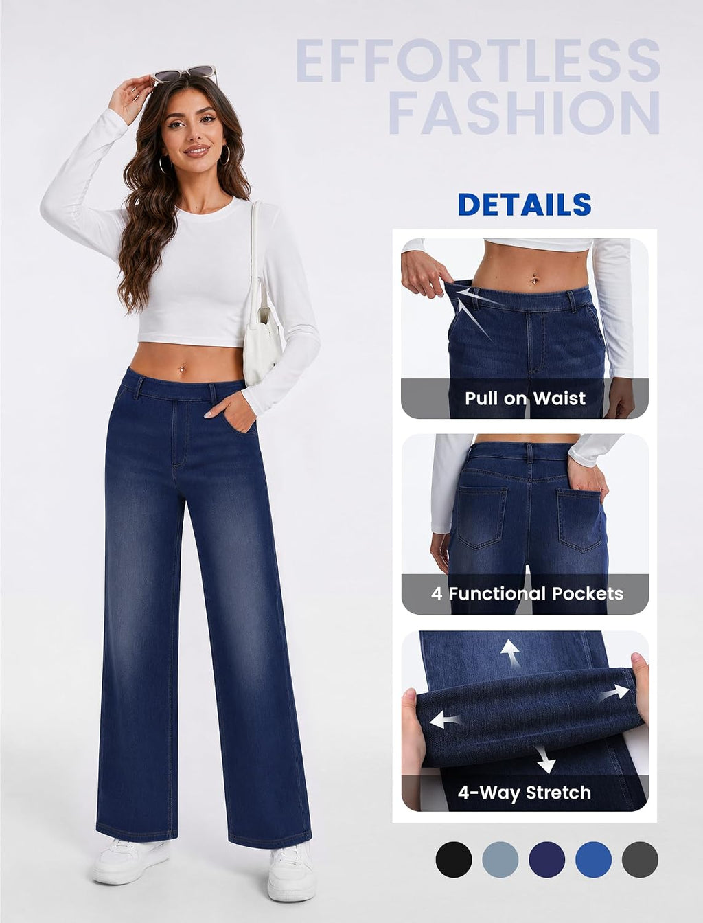 DLOODA Womens Jeans Stretchy Wide Leg High Waist Pull On Sweatpants Jeans